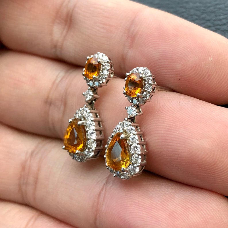 Dazzling! 4.22TCW Yellow Sapphire & Diamonds in 18K yellow solid gold earrings dangling drop thai ceylon chandelier natural gift christmas