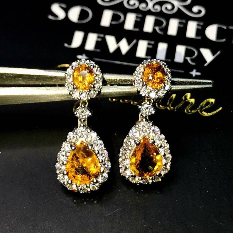 Dazzling! 4.22TCW Yellow Sapphire & Diamonds in 18K yellow solid gold earrings dangling drop thai ceylon chandelier natural gift christmas