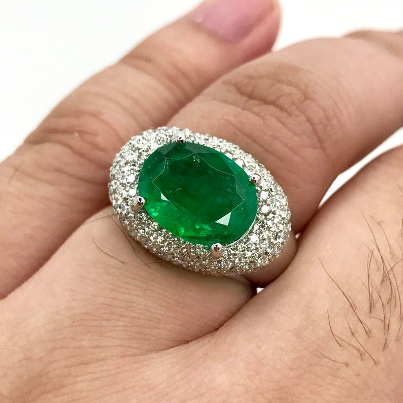 HUGE 6.30CTW EMERALD & Diamonds in 18K solid white gold ring engagement wedding unisex zambian vivid colombian mens modern oval natural