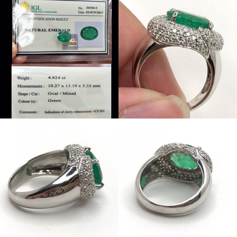 HUGE 6.30CTW EMERALD & Diamonds in 18K solid white gold ring engagement wedding unisex zambian vivid colombian mens modern oval natural