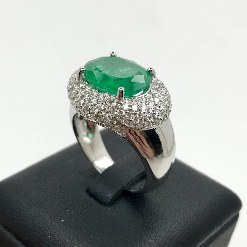 HUGE 6.30CTW EMERALD & Diamonds in 18K solid white gold ring engagement wedding unisex zambian vivid colombian mens modern oval natural