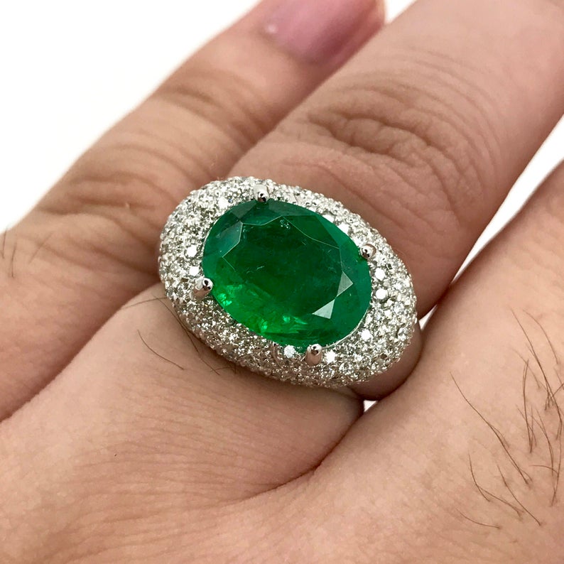 HUGE 6.30CTW EMERALD & Diamonds in 18K solid white gold ring engagement wedding unisex zambian vivid colombian mens modern oval natural