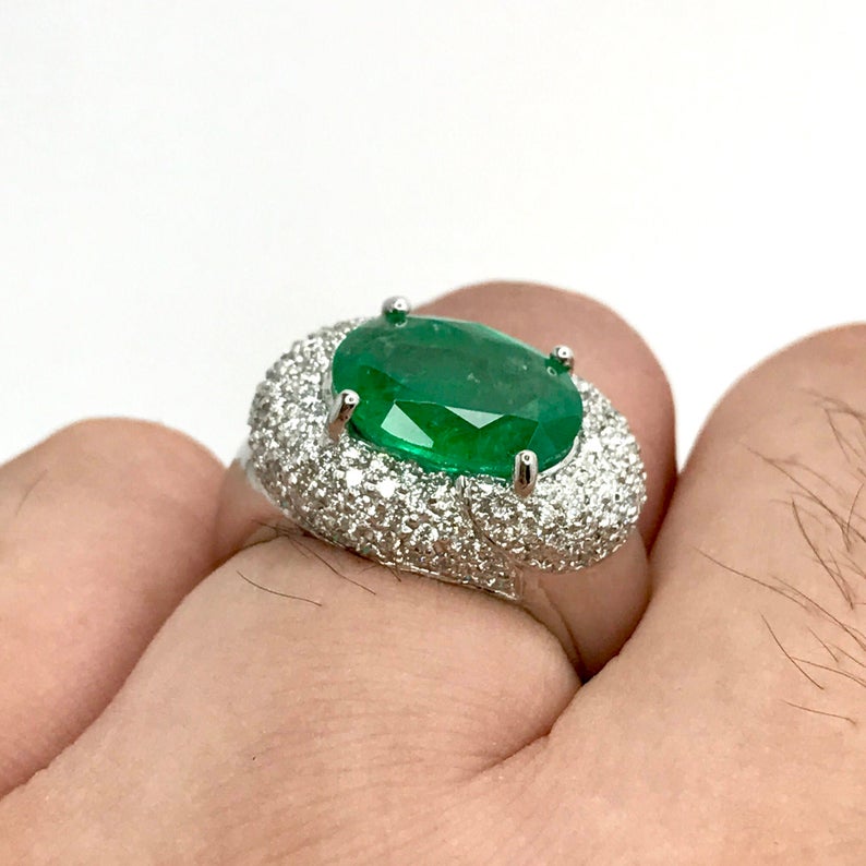 HUGE 6.30CTW EMERALD & Diamonds in 18K solid white gold ring engagement wedding unisex zambian vivid colombian mens modern oval natural