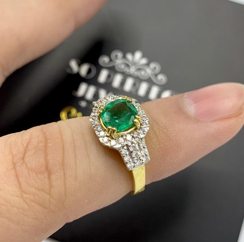 WOW! 1.54TCW Emerald VS Diamond 18k solid yellow gold ring engagement wedding colombian zambian gift natural vintage christmas cushion lady