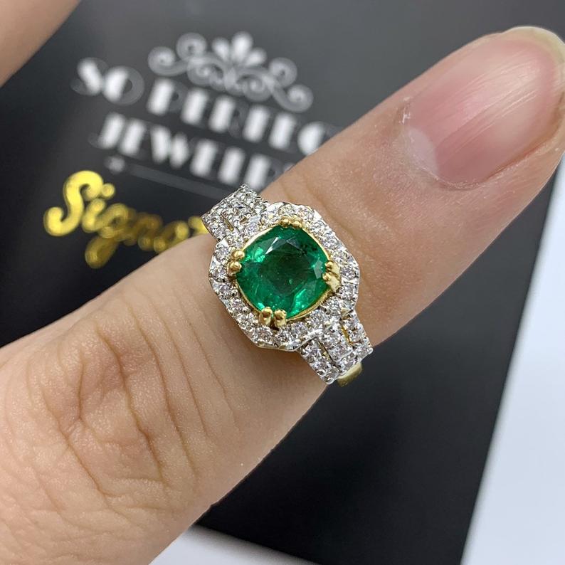 WOW! 1.54TCW Emerald VS Diamond 18k solid yellow gold ring engagement wedding colombian zambian gift natural vintage christmas cushion lady