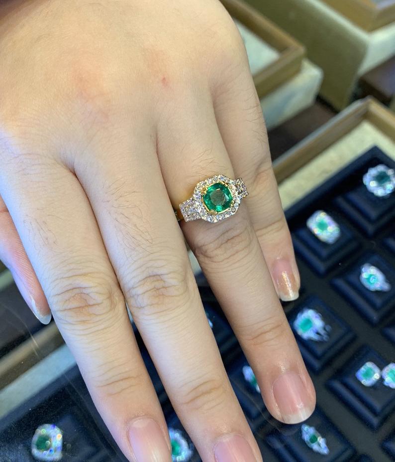 WOW! 1.54TCW Emerald VS Diamond 18k solid yellow gold ring engagement wedding colombian zambian gift natural vintage christmas cushion lady