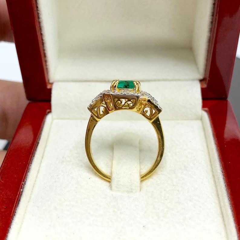 WOW! 1.54TCW Emerald VS Diamond 18k solid yellow gold ring engagement wedding colombian zambian gift natural vintage christmas cushion lady