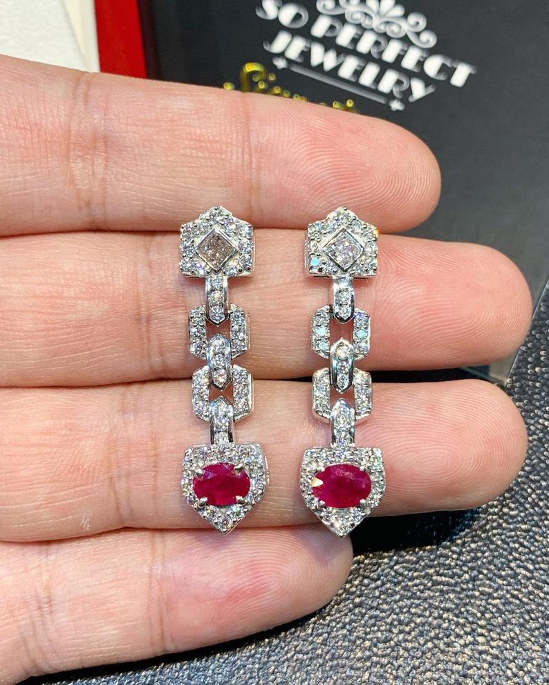 UNIQUE! 3.88TCW Burmese Ruby & Diamonds in 18K solid white gold chandelier earrings vintage blood dangling designer natural art deco burma