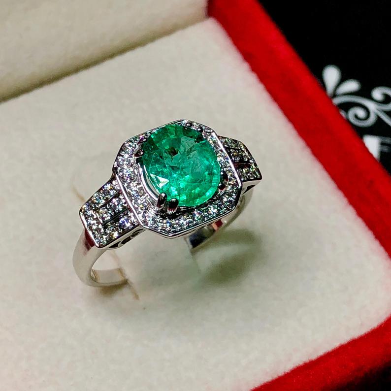 SPARKLING 1.43TCW Emerald & VS Diamonds in 18k solid white gold ring engagement wedding colombian zambian gift natural vintage christmas