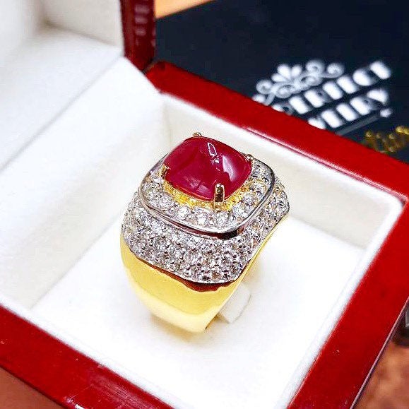 BURMESE 8.20TCW Natural Ruby Diamond 18K solid yellow gold ring handmade engagement BURMA certified unisex cabochon mens gentlema sugarloaf