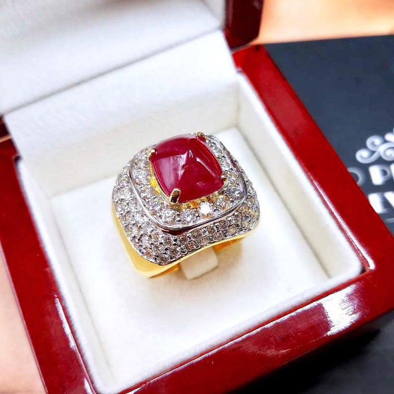 BURMESE 8.20TCW Natural Ruby Diamond 18K solid yellow gold ring handmade engagement BURMA certified unisex cabochon mens gentlema sugarloaf