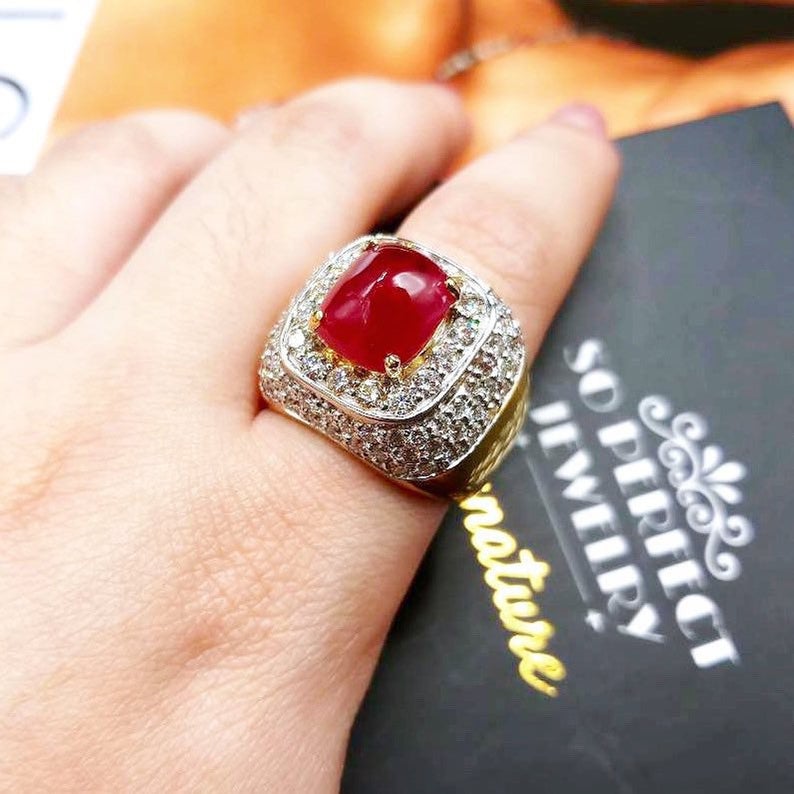 BURMESE 8.20TCW Natural Ruby Diamond 18K solid yellow gold ring handmade engagement BURMA certified unisex cabochon mens gentlema sugarloaf