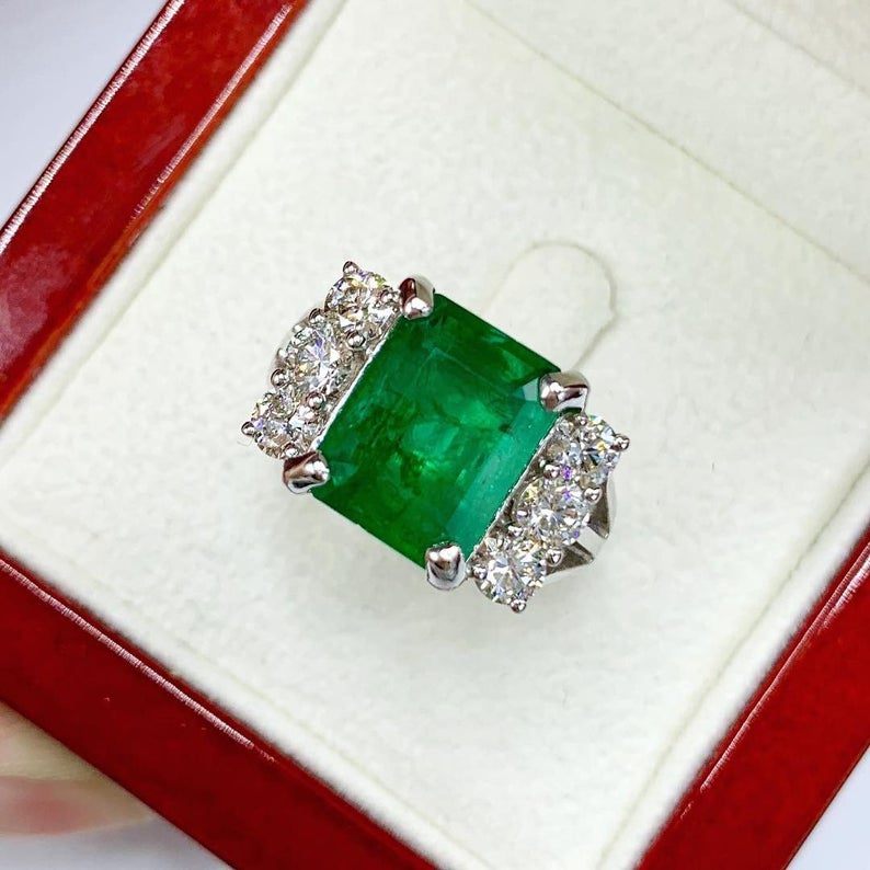 HUGE! 5.18TCW Natural Emerald Diamonds handmade 18K Solid White gold ring estate certified zambian colombian simple three unisex man mens