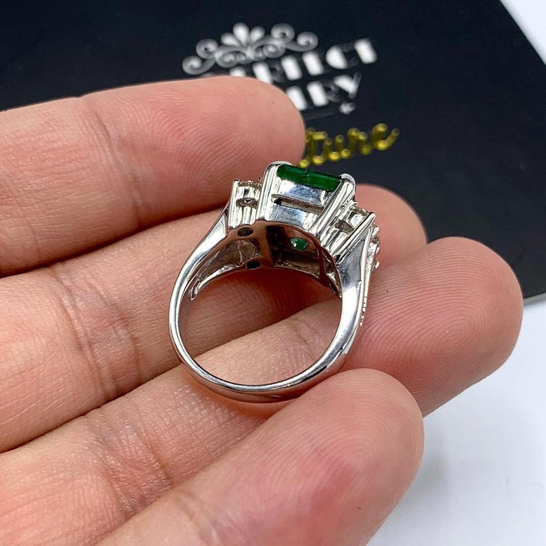 HUGE! 5.18TCW Natural Emerald Diamonds handmade 18K Solid White gold ring estate certified zambian colombian simple three unisex man mens