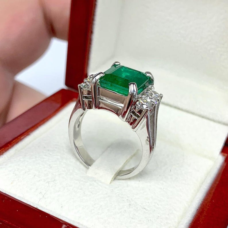 HUGE! 5.18TCW Natural Emerald Diamonds handmade 18K Solid White gold ring estate certified zambian colombian simple three unisex man mens