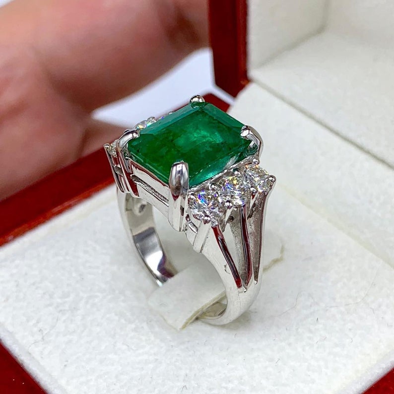 HUGE! 5.18TCW Natural Emerald Diamonds handmade 18K Solid White gold ring estate certified zambian colombian simple three unisex man mens