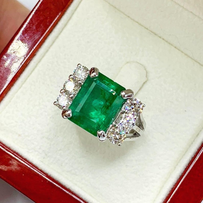 HUGE! 5.18TCW Natural Emerald Diamonds handmade 18K Solid White gold ring estate certified zambian colombian simple three unisex man mens