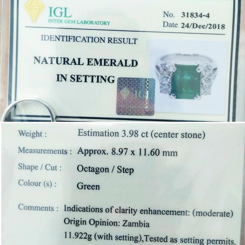 HUGE! 5.18TCW Natural Emerald Diamonds handmade 18K Solid White gold ring estate certified zambian colombian simple three unisex man mens