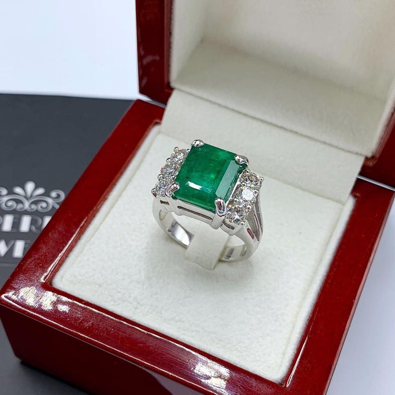 HUGE! 5.18TCW Natural Emerald Diamonds handmade 18K Solid White gold ring estate certified zambian colombian simple three unisex man mens