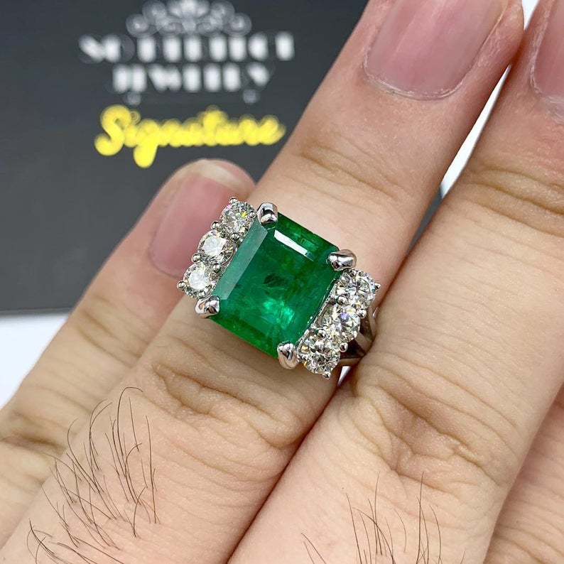 HUGE! 5.18TCW Natural Emerald Diamonds handmade 18K Solid White gold ring estate certified zambian colombian simple three unisex man mens