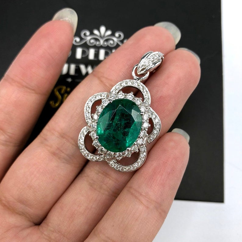 HUGE 11.84TCW Emerald & Diamonds 18K solid white gold handmade pendant necklace micropave zambian colombia jewelry gift oval halo modern