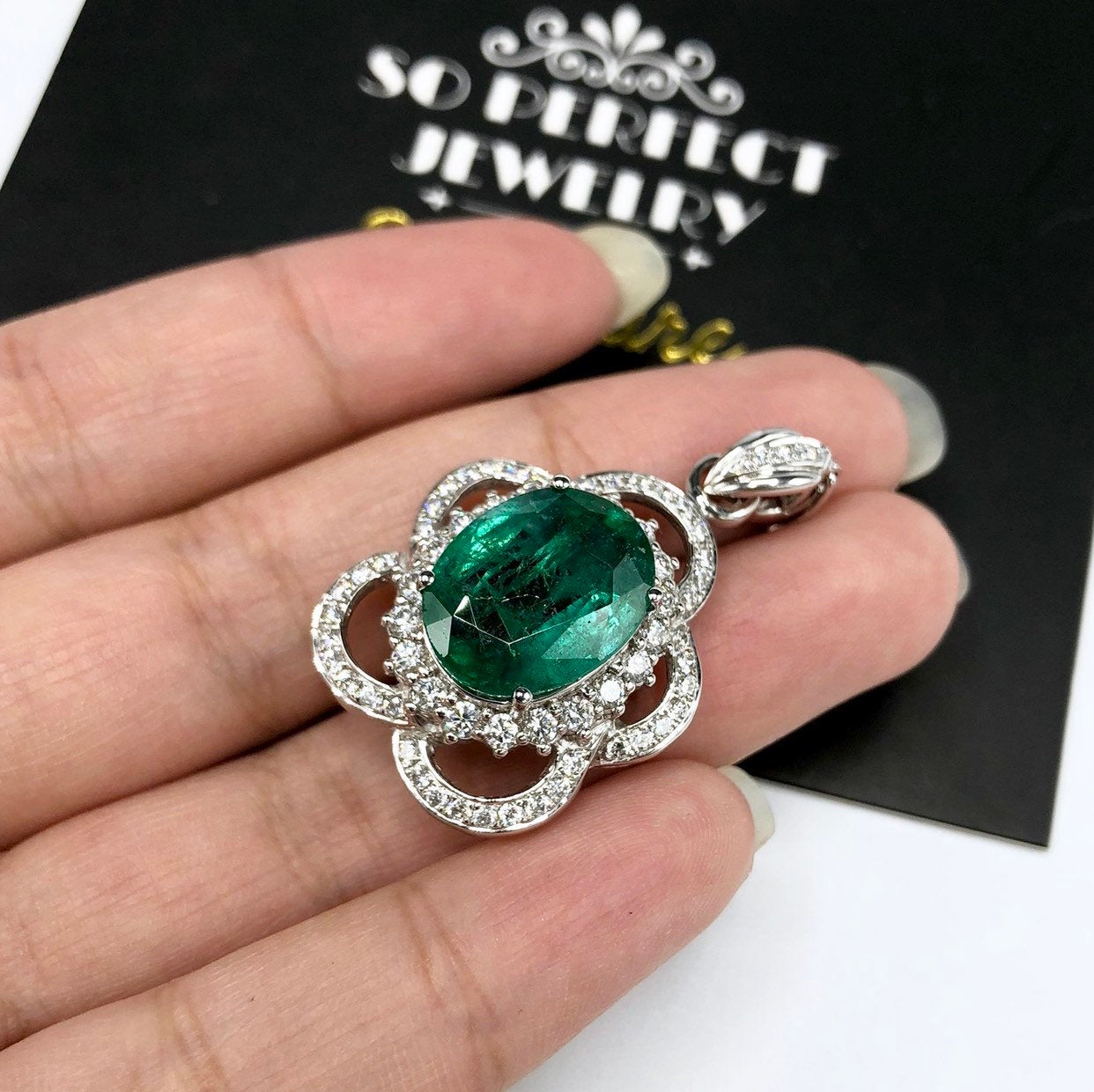 HUGE 11.84TCW Emerald & Diamonds 18K solid white gold handmade pendant necklace micropave zambian colombia jewelry gift oval halo modern