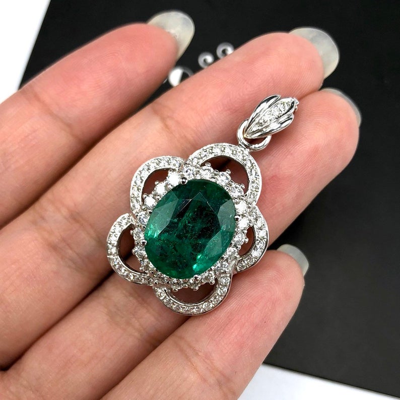 HUGE 11.84TCW Emerald & Diamonds 18K solid white gold handmade pendant necklace micropave zambian colombia jewelry gift oval halo modern