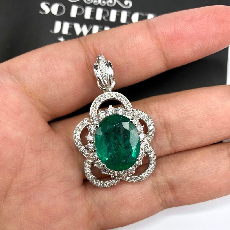 HUGE 11.84TCW Emerald & Diamonds 18K solid white gold handmade pendant necklace micropave zambian colombia jewelry gift oval halo modern