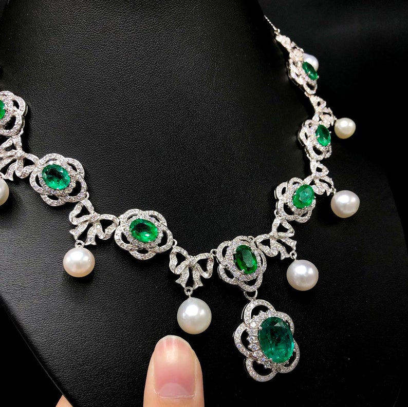 HUGE 11.84TCW Emerald & Diamonds 18K solid white gold handmade pendant necklace micropave zambian colombia jewelry gift oval halo modern