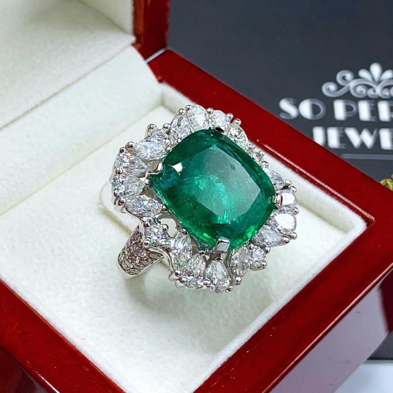 RESERVED! 13.90TCW Emerald & Diamonds handcrafted 18K solid white gold ring engagement wedding zambian colombian natural certified vintage