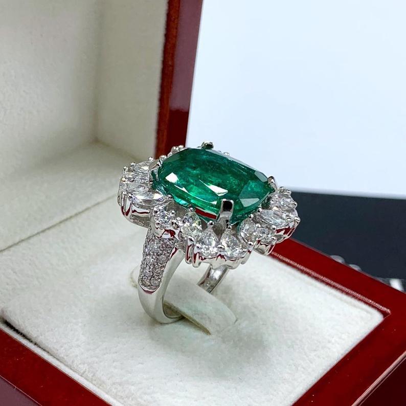 RESERVED! 13.90TCW Emerald & Diamonds handcrafted 18K solid white gold ring engagement wedding zambian colombian natural certified vintage