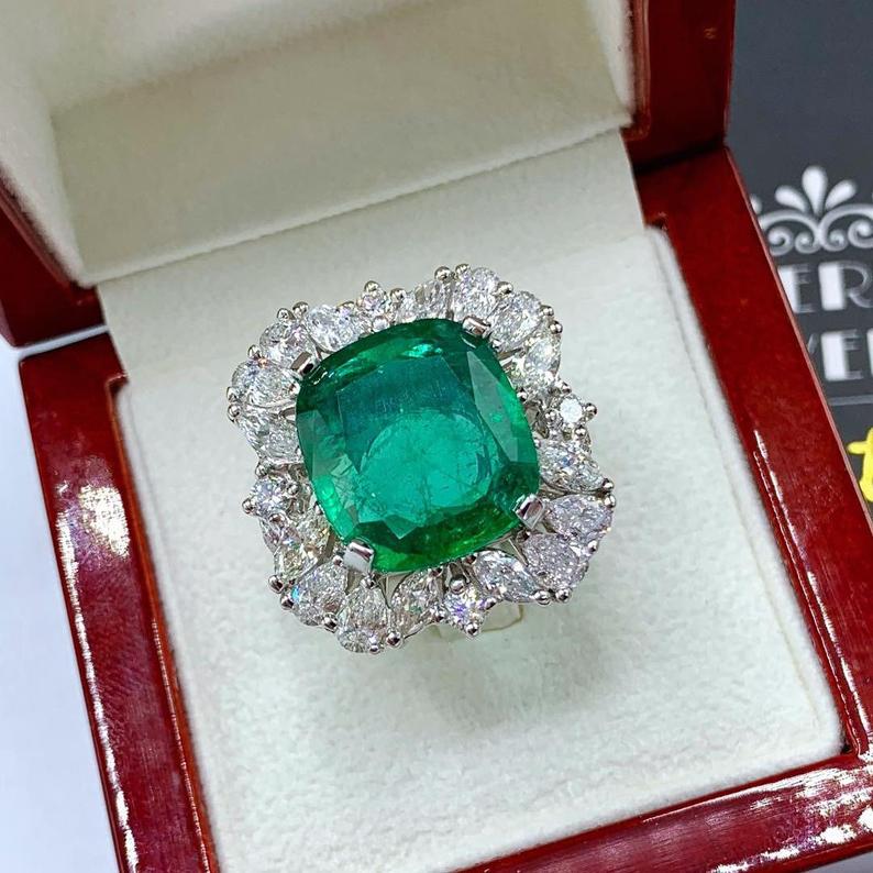 RESERVED! 13.90TCW Emerald & Diamonds handcrafted 18K solid white gold ring engagement wedding zambian colombian natural certified vintage