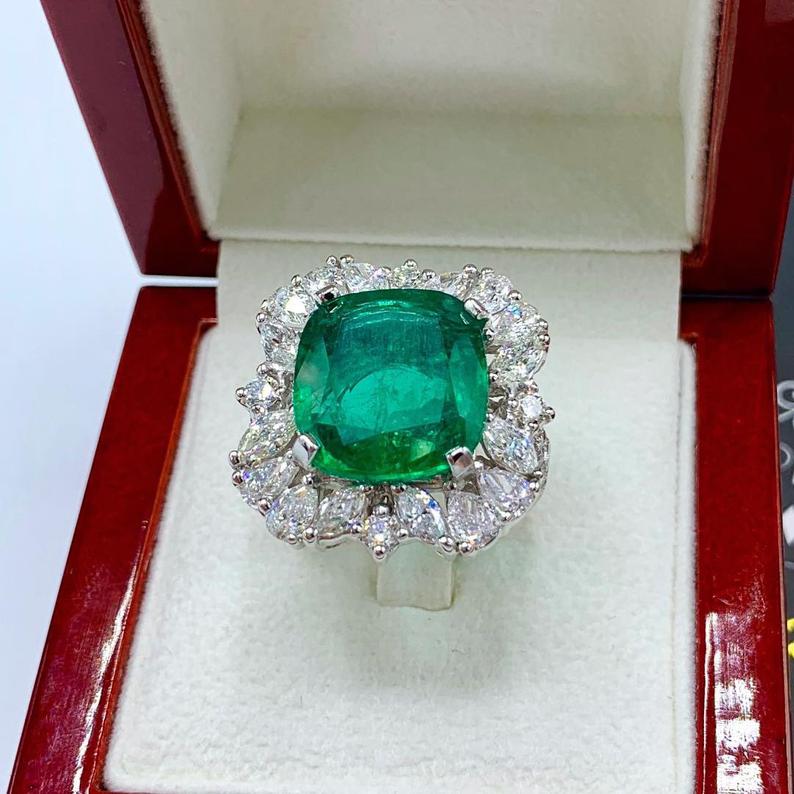 RESERVED! 13.90TCW Emerald & Diamonds handcrafted 18K solid white gold ring engagement wedding zambian colombian natural certified vintage