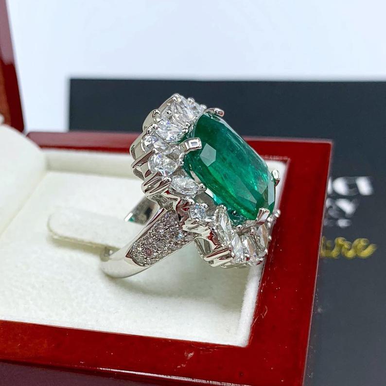 RESERVED! 13.90TCW Emerald & Diamonds handcrafted 18K solid white gold ring engagement wedding zambian colombian natural certified vintage