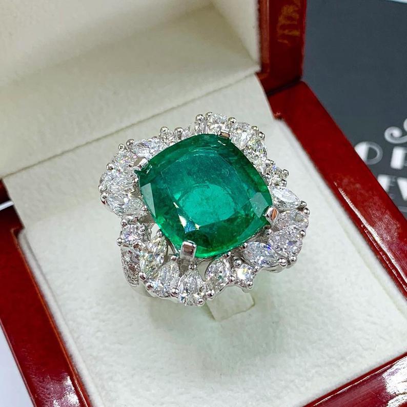 RESERVED! 13.90TCW Emerald & Diamonds handcrafted 18K solid white gold ring engagement wedding zambian colombian natural certified vintage