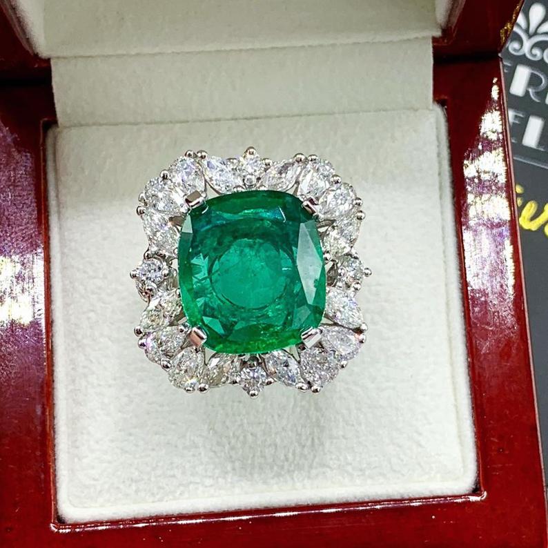 RESERVED! 13.90TCW Emerald & Diamonds handcrafted 18K solid white gold ring engagement wedding zambian colombian natural certified vintage