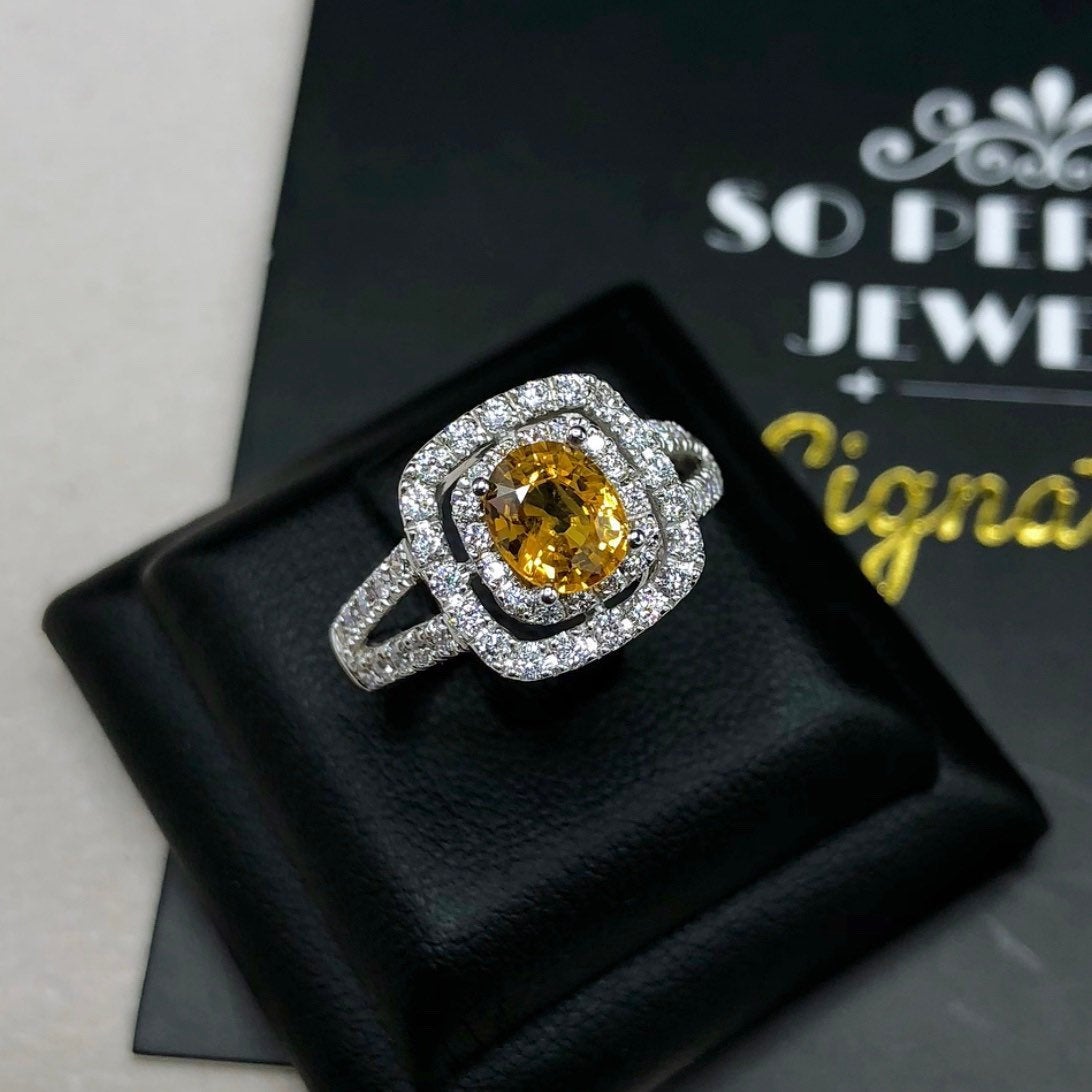 WOW! 1.61TCW Yellow Sapphire & Diamonds in 18K solid handmade white gold ring engagement new double halo modern ceylon heat certified orange