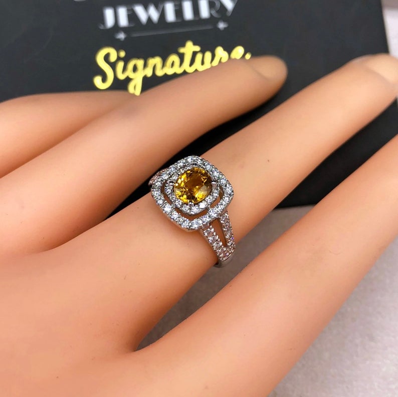 WOW! 1.61TCW Yellow Sapphire & Diamonds in 18K solid handmade white gold ring engagement new double halo modern ceylon heat certified orange