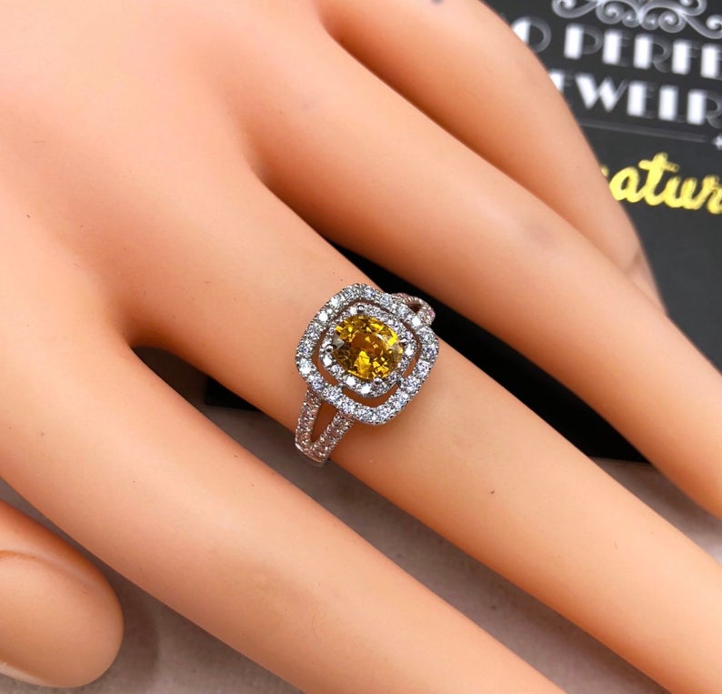 WOW! 1.61TCW Yellow Sapphire & Diamonds in 18K solid handmade white gold ring engagement new double halo modern ceylon heat certified orange