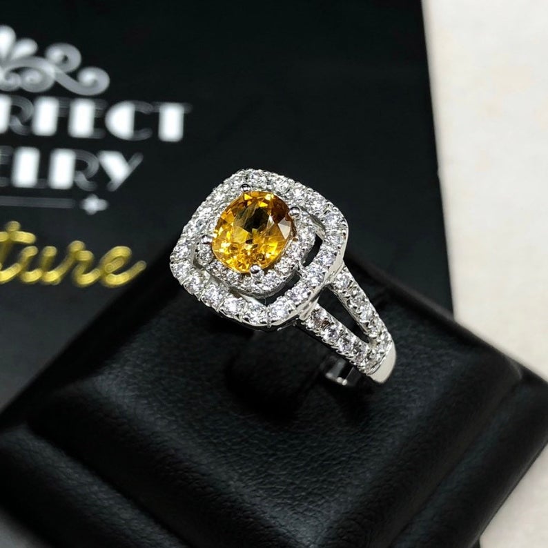 WOW! 1.61TCW Yellow Sapphire & Diamonds in 18K solid handmade white gold ring engagement new double halo modern ceylon heat certified orange