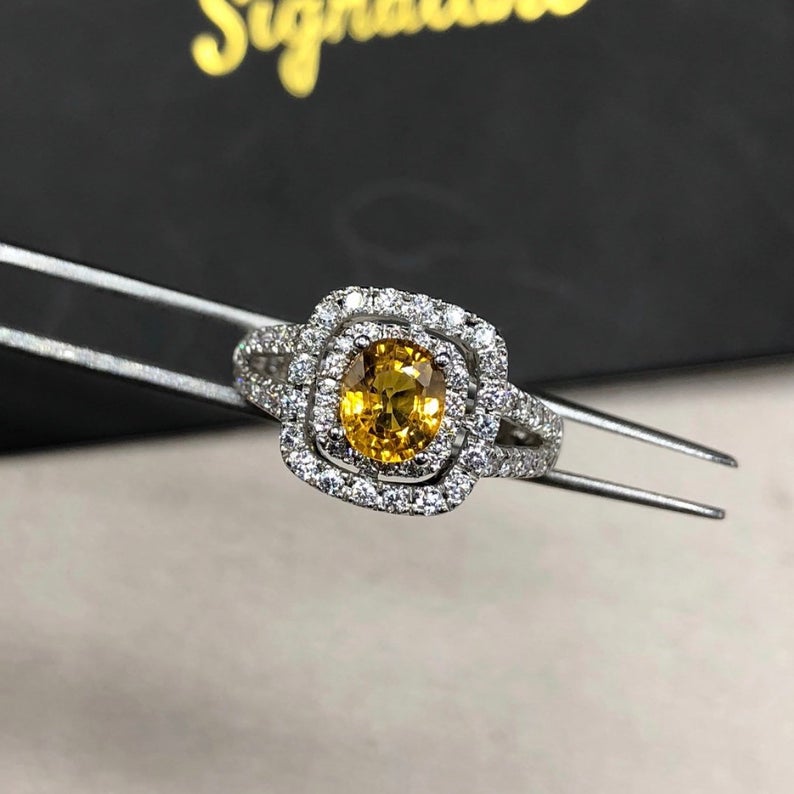 WOW! 1.61TCW Yellow Sapphire & Diamonds in 18K solid handmade white gold ring engagement new double halo modern ceylon heat certified orange