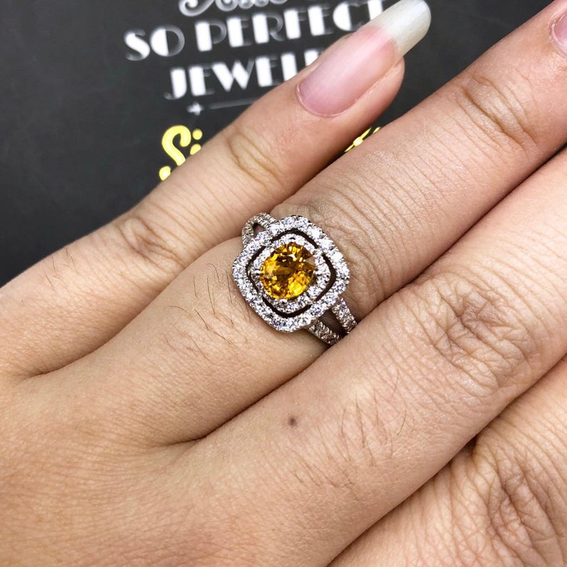 WOW! 1.61TCW Yellow Sapphire & Diamonds in 18K solid handmade white gold ring engagement new double halo modern ceylon heat certified orange