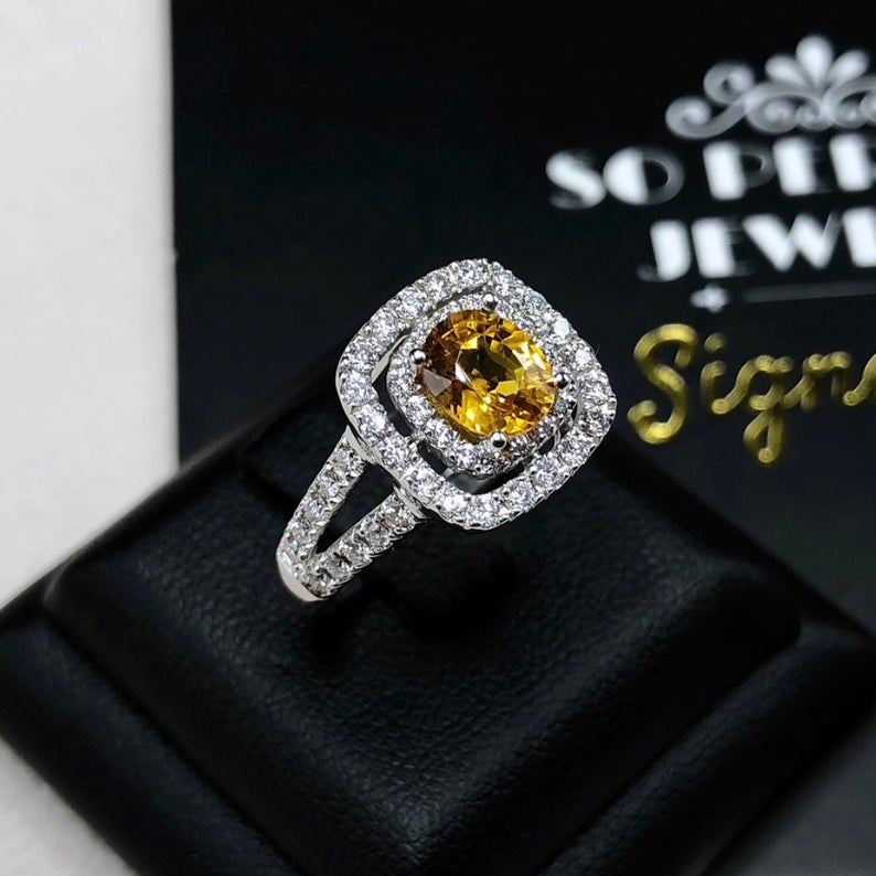 WOW! 1.61TCW Yellow Sapphire & Diamonds in 18K solid handmade white gold ring engagement new double halo modern ceylon heat certified orange