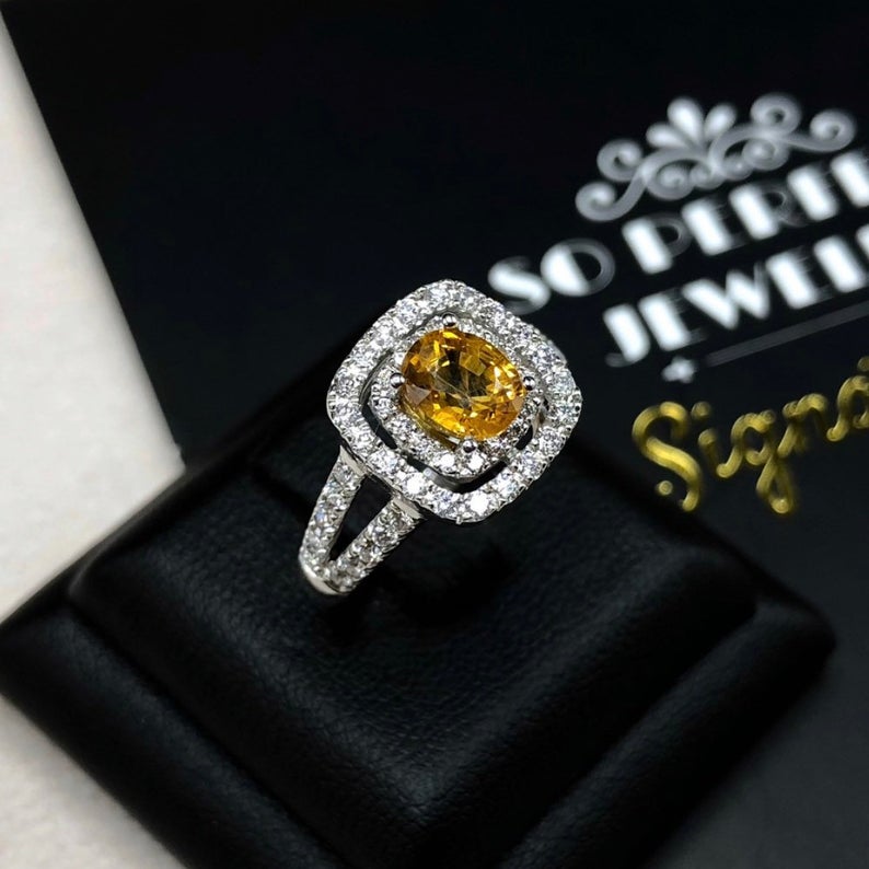 WOW! 1.61TCW Yellow Sapphire & Diamonds in 18K solid handmade white gold ring engagement new double halo modern ceylon heat certified orange