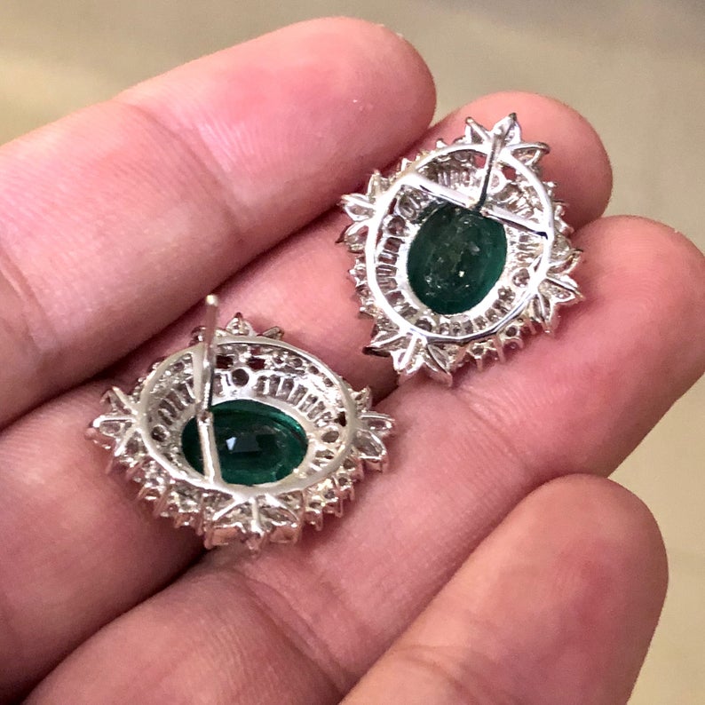 HUGE 8.80TCW Emerald VS Diamonds in 18K solid white gold earrings studs natural certified zambian Colombian halo wedding huge modern oval