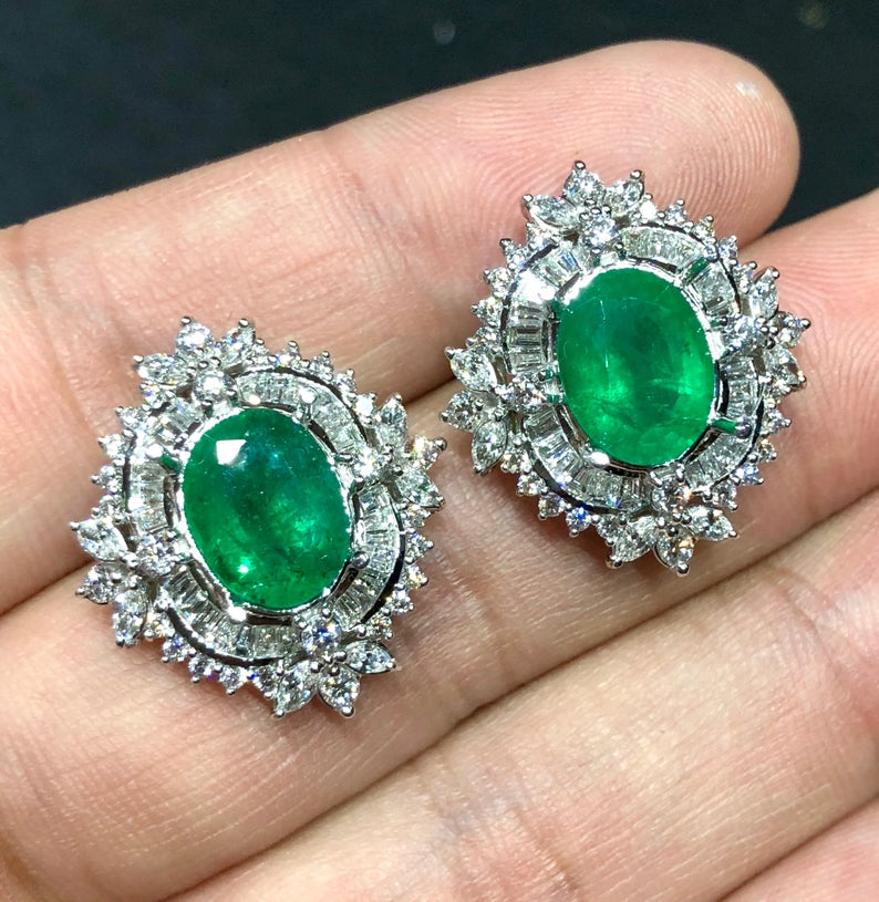 HUGE 8.80TCW Emerald VS Diamonds in 18K solid white gold earrings studs natural certified zambian Colombian halo wedding huge modern oval