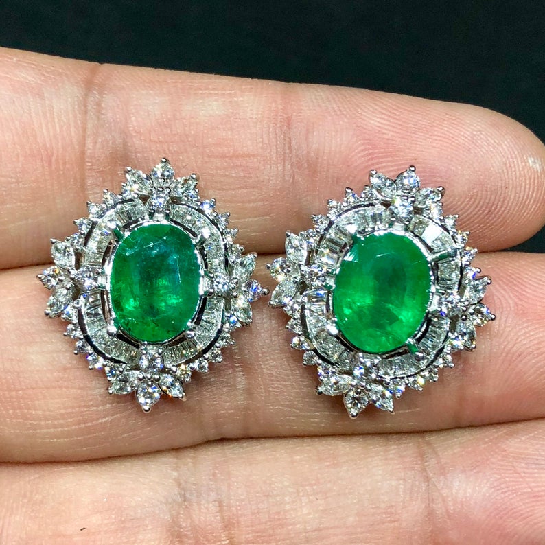 HUGE 8.80TCW Emerald VS Diamonds in 18K solid white gold earrings studs natural certified zambian Colombian halo wedding huge modern oval