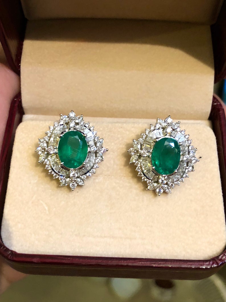 HUGE 8.80TCW Emerald VS Diamonds in 18K solid white gold earrings studs natural certified zambian Colombian halo wedding huge modern oval