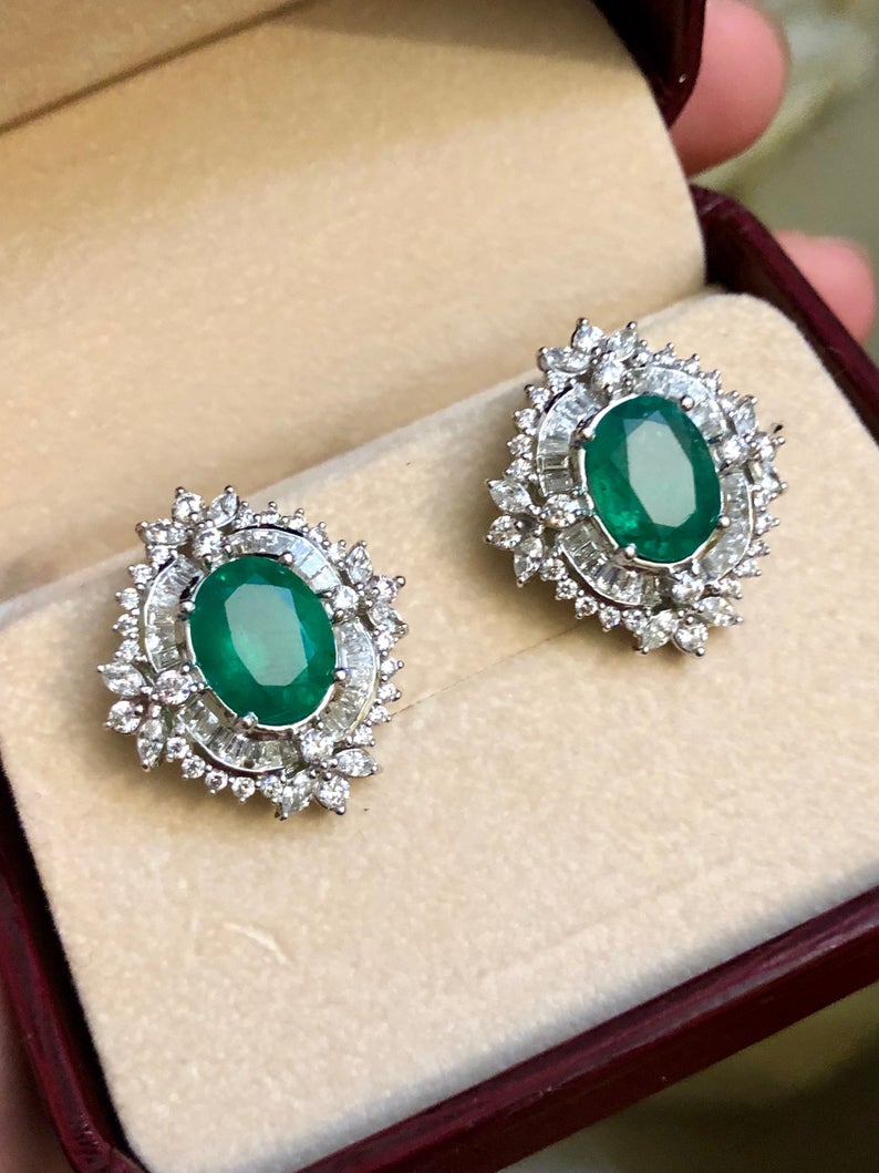 HUGE 8.80TCW Emerald VS Diamonds in 18K solid white gold earrings studs natural certified zambian Colombian halo wedding huge modern oval