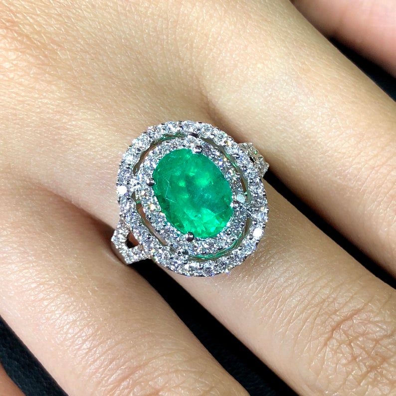 COLOMBIAN 3.09TCW Emerald & VS Diamonds in 18k solid white gold ring engagement wedding colombia zambian Double halo modern natural oval